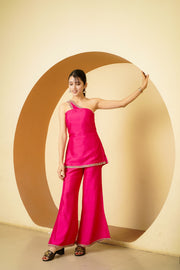 Netose Pink Silk Satin Short Kurta Palazzo Set
