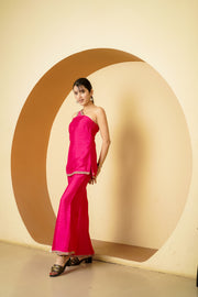 Netose Pink Silk Satin Short Kurta Palazzo Set