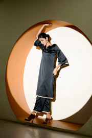 Netose Black Satin Kurta Pant Set