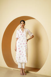 Netose White Floral Print Kurta Pant Set