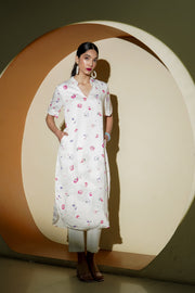 Netose White Floral Print Kurta Pant Set