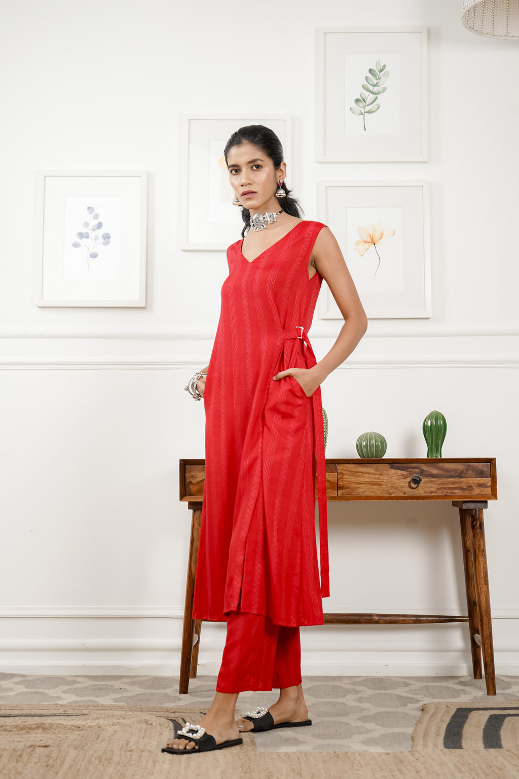 ICE BLUE COTTON LUREX LONG KURTA AND PANT SET main image 0