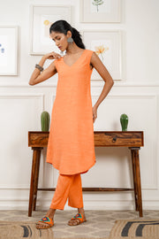 Netose Orange Sleeveless Relaxed Fit Kurta Pant Set