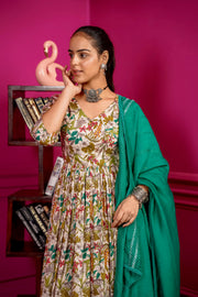 Netose 3-Piece Green Floral Print Kurta with Pants