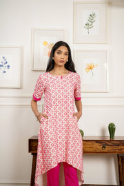 Netose Schiffli Pink High Low Kurta Pant Set