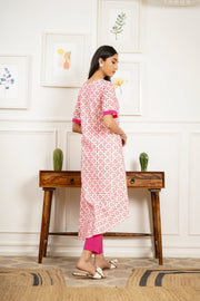 Netose Schiffli Pink High Low Kurta Pant Set