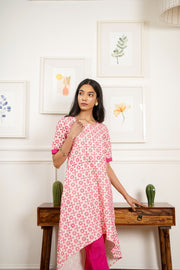 Netose Schiffli Pink High Low Kurta Pant Set