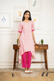 Netose Schiffli Pink High Low Kurta Pant Set
