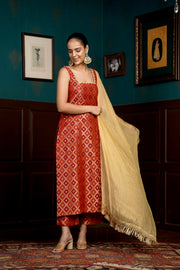 Netose Red Chanderi Silk Kurta set with dupatta