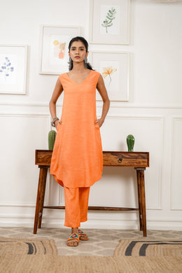 Netose Orange Sleeveless Relaxed Fit Kurta Pant Set