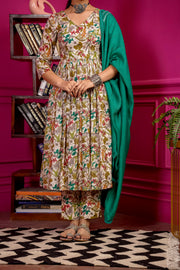 Netose 3-Piece Green Floral Print Kurta with Pants