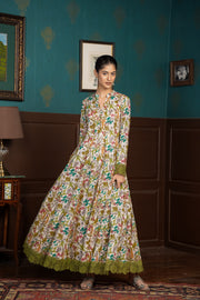 Netose Anarkali Suit in Green Floral Print w/o Dupatta