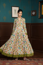 Netose Anarkali Suit in Green Floral Print w/o Dupatta
