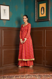 Netose Red Banarasi Anarkali Kurta with Broad-bottomed Palazzos with Dupatta