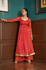 Netose Red Banarasi Anarkali Kurta with Broad-bottomed Palazzos with Dupatta