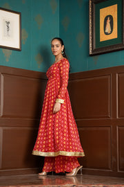 Netose Red Banarasi Anarkali Kurta with Broad-bottomed Palazzos with Dupatta