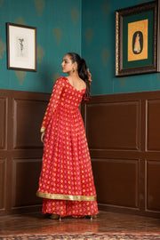 Netose Red Banarasi Anarkali Kurta with Broad-bottomed Palazzos with Dupatta