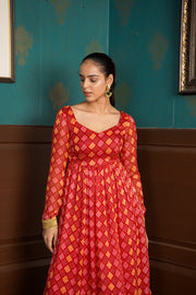 Netose Red Banarasi Anarkali Kurta with Broad-bottomed Palazzos with Dupatta