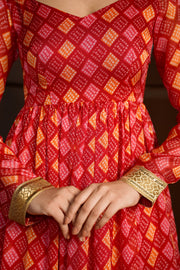 Netose Red Banarasi Anarkali Kurta with Broad-bottomed Palazzos with Dupatta