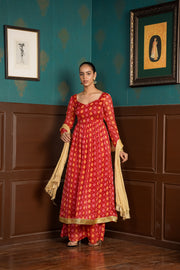 Netose Red Banarasi Anarkali Kurta with Broad-bottomed Palazzos with Dupatta