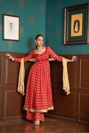 Netose Red Banarasi Anarkali Kurta with Broad-bottomed Palazzos with Dupatta
