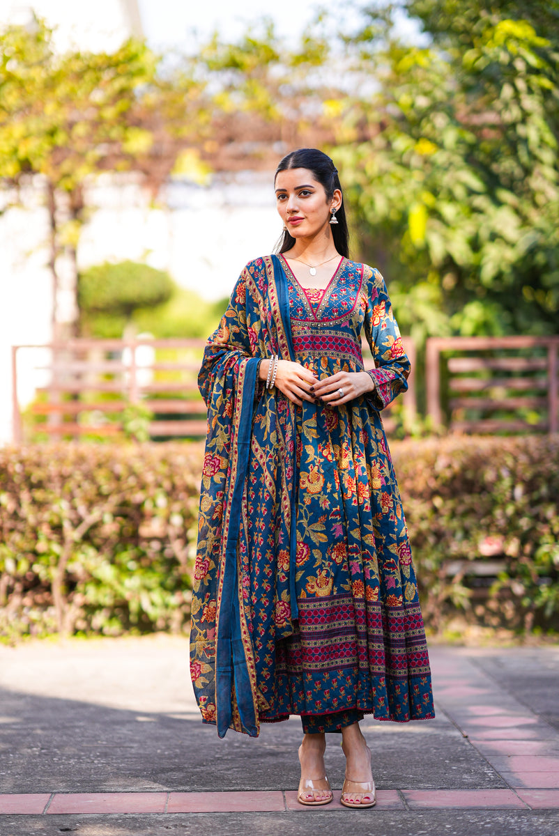 Blue Net Anarkali Kurta Set With Metallic Jacket