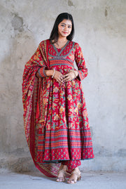 Netose Cotton Anarkali Suit set in red