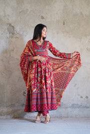 Netose Cotton Anarkali Suit set in red