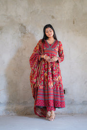 Netose Cotton Anarkali Suit set in red