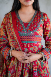 Netose Cotton Anarkali Suit set in red