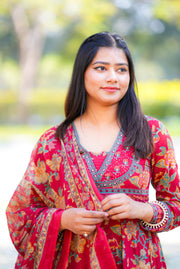 Netose Cotton Anarkali Suit set in red