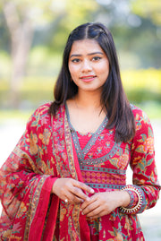 Netose Cotton Anarkali Suit set in red