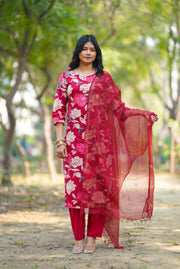 Netose Red Floral kurta set with duppata