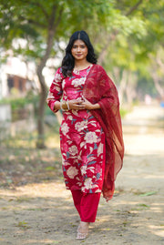 Netose Red Floral kurta set with duppata