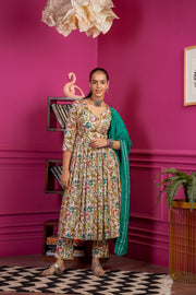 Netose 3-Piece Green Floral Print Kurta with Pants