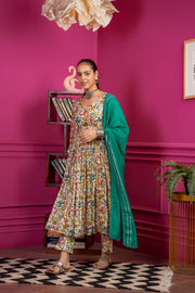 Netose 3-Piece Green Floral Print Kurta with Pants