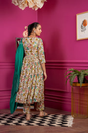 Netose 3-Piece Green Floral Print Kurta with Pants