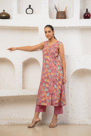 Netose Pink Side Tie Up Floral Kurta Set